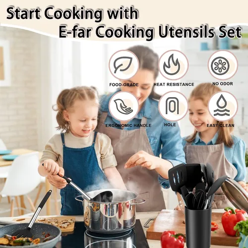 Miniatura 7 de E-far Juego de utensilios de cocina de silicona, juego de utensilios de cocina negros de 14 piezas con soporte, espátulas de herramientas de cocina