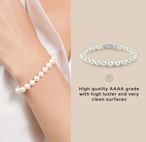 Miniatura 4 de The Pearl Source Pulsera de perlas blancas de agua dulce para mujer, pulsera de perlas cultivadas con cierre chapado en oro de 14 quilates