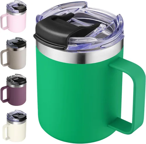 Miniatura 37 de Taza de café aislada de 12 onzas con asa, taza de café de viaje de acero inoxidable con tapa abatible, vaso de café de doble pared con aislamiento