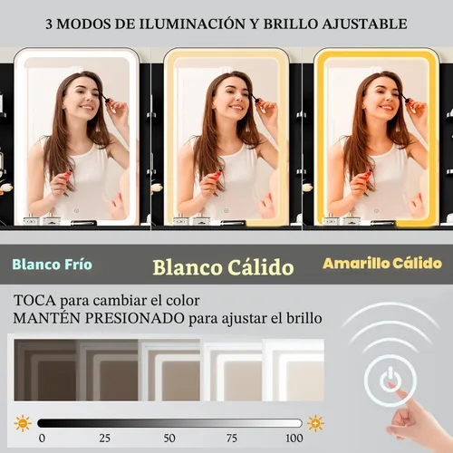 Miniatura 4 de Escritorio de tocador con espejo con luces LED y toma de corriente, pequeño juego de mesa de tocador de maquillaje con cajones de almacenamiento
