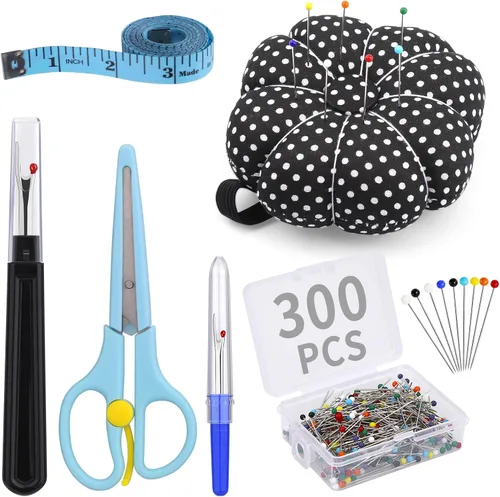 300 alfileres de costura multicolor – Alfiler de 1.260 in rectos, incluye tijeras de costura para costura, cinta métrica suave para decoración de