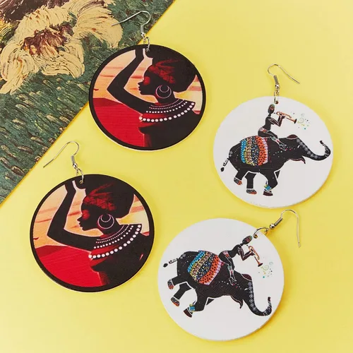 Miniatura 3 de 10 pares de aretes redondos africanos para mujer, de madera pintada, aretes de estilo étnico