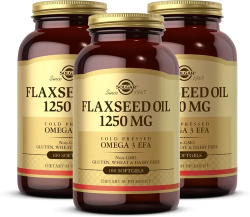Solgar Aceite de linaza 1250 mg – 100 cápsulas blandas, paquete de 3 – Fuente vegetal concentrada de ácido alfa-linoleico omega-3 (ALA) – Sin OMG,