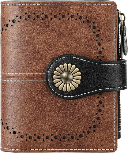 Miniatura 109 de SENDEFN - Billetera pequeña de piel auténtica para mujer, diseño plegable con ventana para tarjeta de identificación