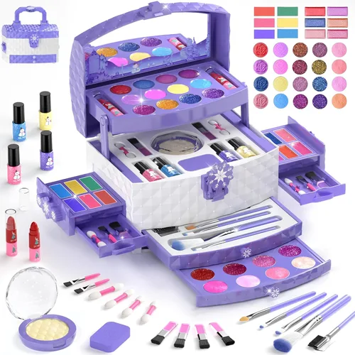 Miniatura 7 de GirlsHome Set de maquillaje para niñas de 56 piezas, lavable, cosméticos reales no tóxicos, juguetes de Frozen, kit de maquillaje para niñas