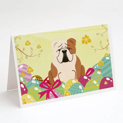 Caroline's Treasures BB6125GCA7P - Tarjetas de felicitación y sobres, diseño de huevos de Pascua, diseño de bulldog inglés, color blanco, paquete de