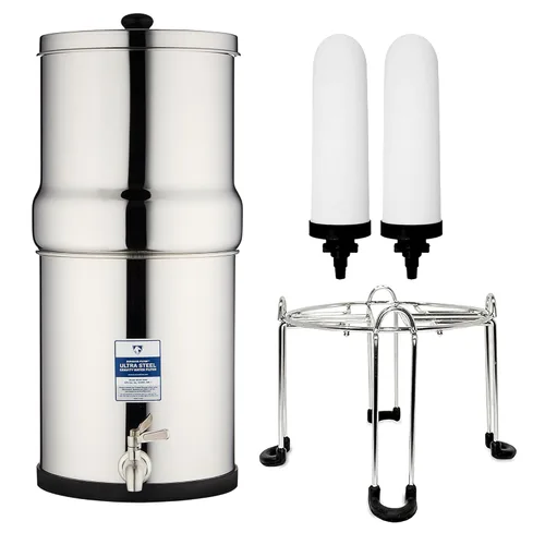 Sistema de filtro de agua alimentado por gravedad Survivor Filter Ultra - Filtro de agua de gravedad de acero inoxidable para mostrador con soporte,