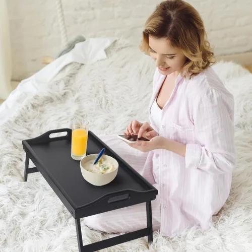 Miniatura 4 de Escritorio multiusos de madera de bambú, patas plegables, bandeja de comida para desayuno, bandeja de televisión para servir cena, té, ligero