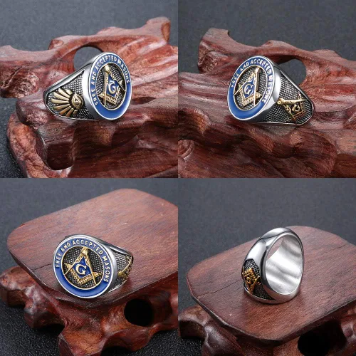 Miniatura 6 de IFUAQZ Anillo masónico de acero inoxidable para hombre con símbolo de masones de oro azul libre y aceptado, Metal, Sin piedras preciosas