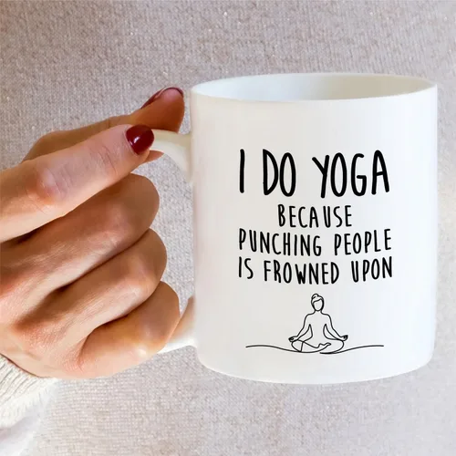 Miniatura 5 de Retreez Divertida taza de yoga con texto en inglés "I Do Yoga Because Punching People Is Frowned Upon Meditation", tazas de café de cerámica de 11