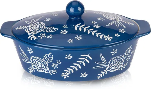 Cazuela con tapa, cazuelas para horno, platos para hornear para horno, juego de cazuelas de cerámica para horno Azul oscuro