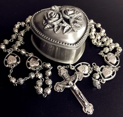 Miniatura 2 de elegantmedical Collar de plata hecho a mano con cuentas de rosas católicas sagrado corazón Jesús medalla rosario cruz collar y bonita caja