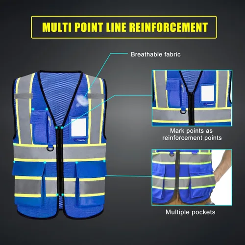 Miniatura 2 de AYKRM 11 color alta visibilidad reflectante chaleco de seguridad para mujeres hombres bolsillo cremallera ANSI/ISEA estándar Azul (Blue Mesh)