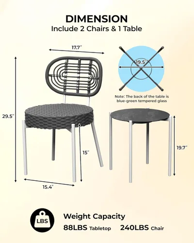 Miniatura 3 de GarveeLife - Juego de 3 piezas de muebles de mimbre para patio estilo bistró, sillas de comedor para exteriores, incluye 2 sillas de ratán y mesa