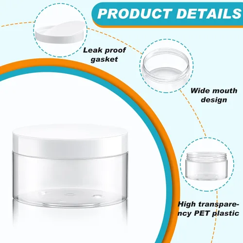 Miniatura 4 de Dandat 24 piezas 8 oz tarro de plástico con tapa y etiqueta recargable, contenedor redondo transparente vacío con muestras cosméticas PET blancas
