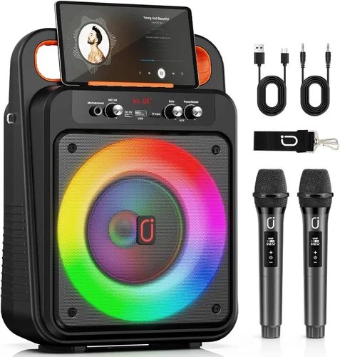 Miniatura 9 de JYX - Máquina de karaoke con 2 micrófonos inalámbricos, altavoz Bluetooth portátil con ajuste de graves/agudos y luz LED, compatible con TWS