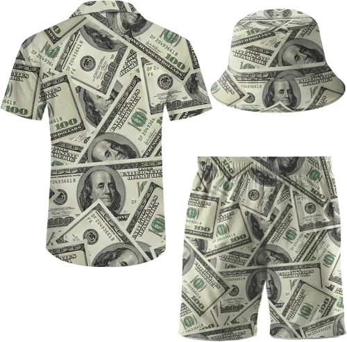 Miniatura 3 de ifamawlea Conjunto de 2 piezas para hombre, camisa hawaiana, pantalones cortos, camisa con botones y pantalones cortos con sombreros de pescador