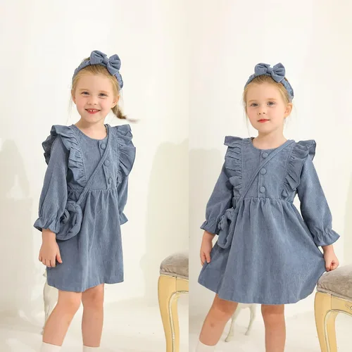 Miniatura 3 de Happy Town Ropa de otoño para niñas pequeñas, vestido de pana de manga larga con volantes con bolsa cruzada y diadema de 1 a 6 años