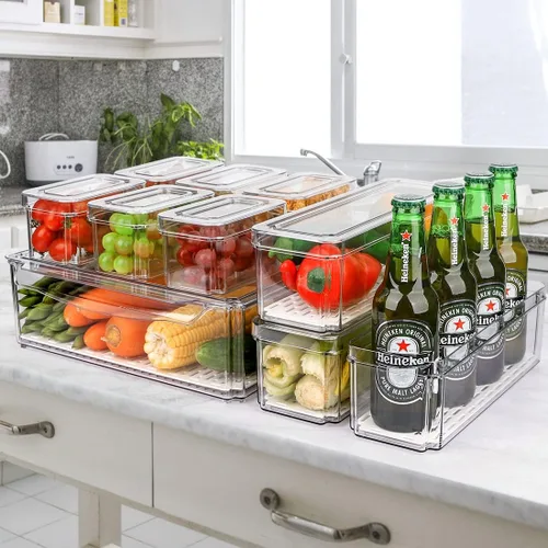 Miniatura 8 de Paquete de 10 cubos organizadores de despensa para refrigerador, cubos organizadores apilables para refrigerador con tapas, contenedores de plástico