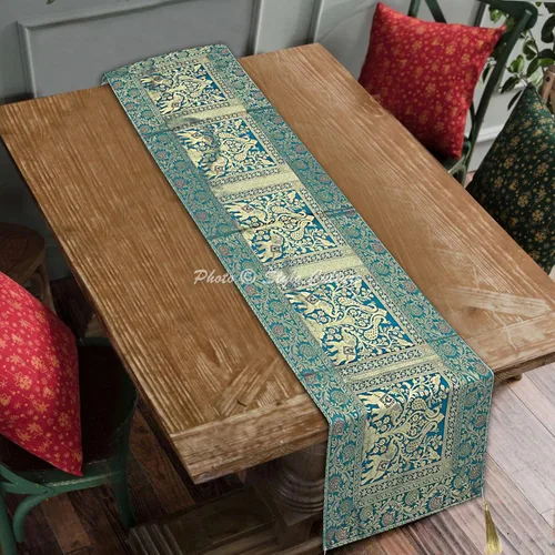 Miniatura 2 de Brocade - Camino de mesa de café jacquard verde oscuro, rectangular, bohemio, tradicional, decoración de sala de estar, elefante pavo real, mantel