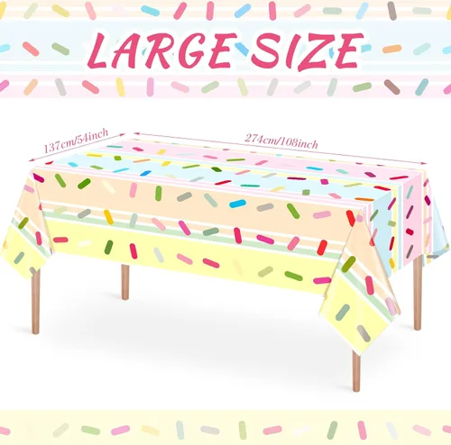 Miniatura 2 de Mindsoft 3 piezas de decoración de fiesta de cumpleaños con diseño de helado y sprinkles, mantel desechable con diseño de dona, mantel de plástico