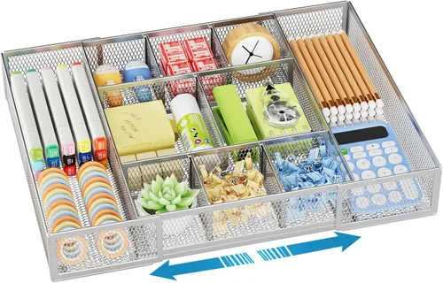 Miniatura 17 de Marbrasse Organizador de Cajón de Escritorio Expandible, Bandeja Organizadora de Cajón de Malla con 10 Compartimentos Ajustables, Organizadores