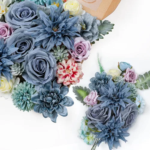 Miniatura 6 de AmyHomie - Juego de flores artificiales azules, mezcla de seda, peonía, rosa, hortensia, flores falsas con tallo para bricolaje, ramos de boda