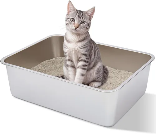 Miniatura 9 de Caja de arena de acero inoxidable con lados altos, pequeña caja de arena de metal para gatitos y gatos pequeños, cajas de arena para gatitos