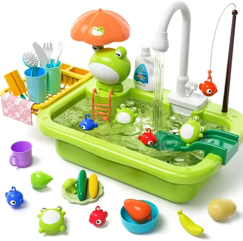 Fregadero de juego con agua corriente, juguete de fregadero de cocina con grifo eléctrico, accesorios de cocina, juguetes flotantes de piscina y