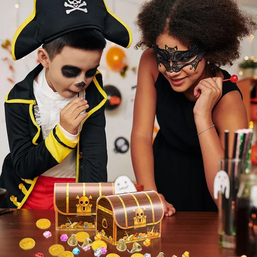 Miniatura 6 de Chinco Cofre de tesoros de cartón, cofre del tesoro pirata, caja de regalos para Halloween, juego de pirata, fiesta temática de piratas