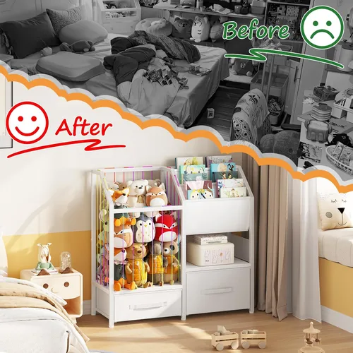 Miniatura 8 de HOOBRO Estantería para niños y organizador de almacenamiento de juguetes, almacenamiento de animales de peluche con estantería con eslinga y cajones
