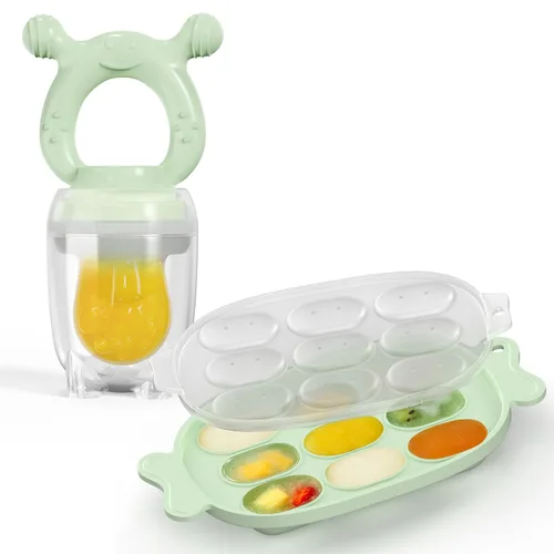 Comedero de frutas de silicona para bebés con bandeja para congelador, mordedores para bebés, moldes para paletas de leche materna para aliviar la