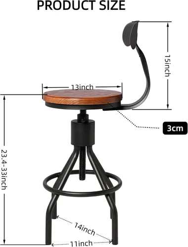 Miniatura 3 de Juego de 2 taburetes de bar industriales con respaldo de 23 a 33 pulgadas, asiento giratorio de madera, isla de cocina, comedor, taburete