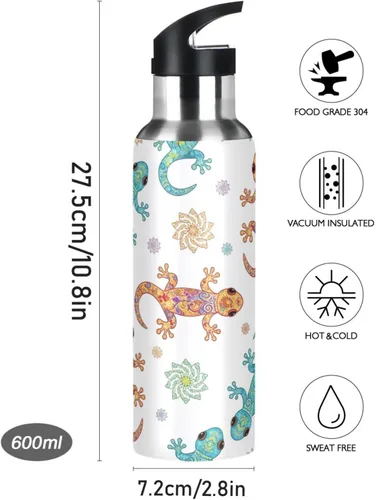 Miniatura 9 de Insulated Stainless Steel Water Bottle with Straw 20 Oz, BPA-Free Sports Water Bottle for Gym Outdoor Travel School, Funny Geckos Print