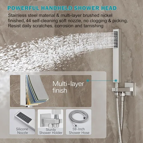 Miniatura 4 de Sistema de Ducha de Níquel Cepillado, Conjunto de Grifería de Ducha con Cabezal de Ducha de Lluvia de 10 Pulgadas y Rociador Manual, Conjunto