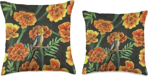 Miniatura 3 de Cockatiel Orange Yellow Marigolds Vintage Flower Pattern Throw Pillow
