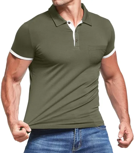 Miniatura 2 de KUYIGO Camisa polo de manga corta y larga para hombre, estilo casual, ajustada, lisa, de algodón suave, con bolsillo