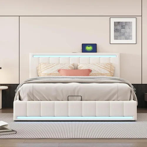 Miniatura 22 de Cama de plataforma tapizada de tamaño individual con barandilla, cabecera de almacenamiento y estribo, para niños, adolescentes y adultos, uso