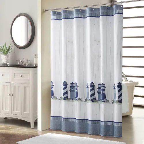 Miniatura 21 de Cortina de ducha náutica, cortina de ducha azul marino y blanca para cubículo de 54 x 72, cortinas de ducha de tela con estampado de ancla y velero