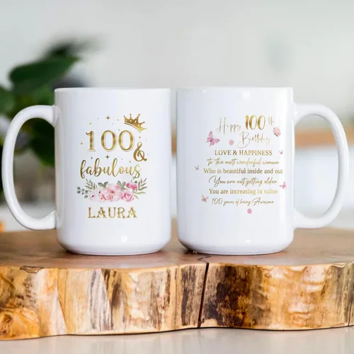 Miniatura 3 de Taza de cerámica única para regalo de cumpleaños número 100 y fabuloso, 100 años, idea de regalo, nombre personalizado, 11 onzas, 15 onzas