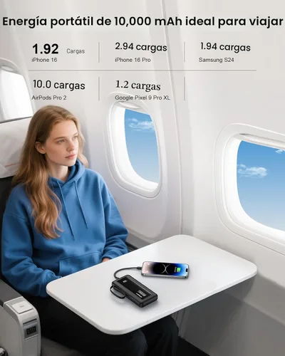 Miniatura 6 de Cargador portátil con cables integrados, batería de 10,000 mAh delgada, carga rápida de 22.5 W, banco de energía con pantalla LED USB C, 6 salidas
