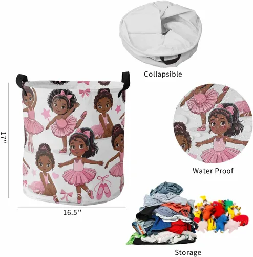 Miniatura 5 de Cesta de lavandería africana negra para bailar ballet, impermeable, plegable, falda rosa, lazo de estrella, bolsa de almacenamiento grande