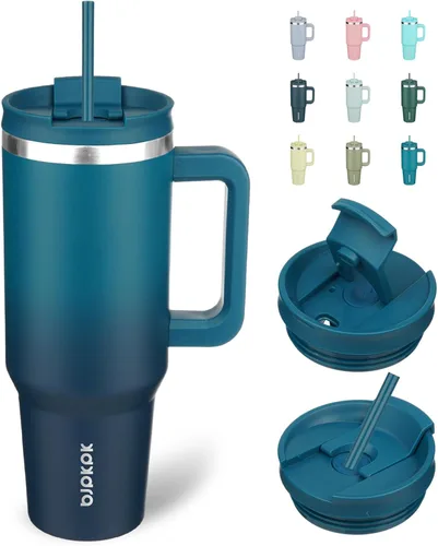 Miniatura 24 de BJPKPK - Vasos con aislamiento térmico, con asa y pajilla, vasos térmicos de acero inoxidable de 40 onzas con tapa, color rosado claro Rosa claro