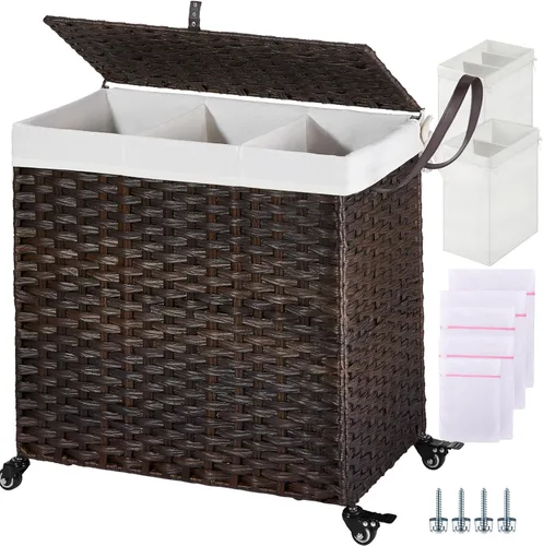 Miniatura 100 de GREENSTELL Cesta para ropa sucia con ruedas y tapa, 130 L, cesta grande de 3 secciones con 2 tipos de bolsas de forro extraíbles, 5 bolsas de malla
