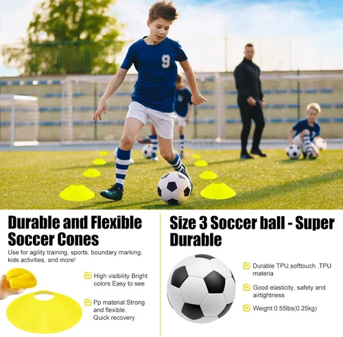 Miniatura 6 de Juego de 2 redes de fútbol portátiles con pelota, conos, kit completo de equipo de entrenamiento para niños pequeños, jóvenes, niños de 3 a 14 años