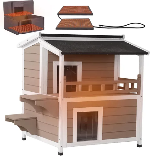 Miniatura 8 de Aivituvin Casa de gatos al aire libre resistente a la intemperie con dos pisos, refugio para gatos salvajes con puertas de escape, madera maciza