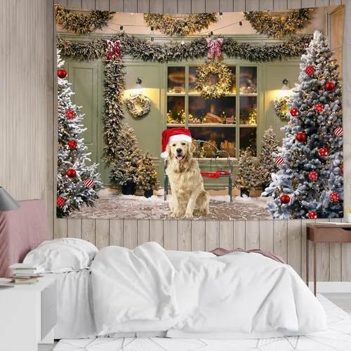 Miniatura 10 de LB Tapiz navideño de muñeco de nieve, bosque de pinos de invierno con ciervos cardenales, tapiz de pared para dormitorio, tapiz colgante de pared