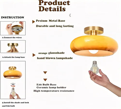 Miniatura 5 de Lámpara de techo semiempotrada, lámpara de techo moderna de mediados de siglo de 11 pulgadas, accesorio de iluminación de pasillo con pantalla