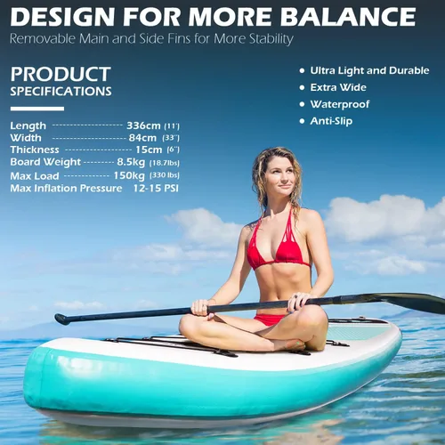 Miniatura 5 de Tabla de Paddle Board de 11' x 33" x 6" Extra Ancha Inflable Stand Up Paddle Board con Bomba de Mano, Correa, Pala Ajustable Para Versión Básica