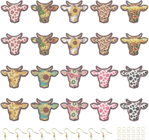Miniatura 16 de KISSITTY Kit de fabricación de aretes de madera, 36 piezas de lágrima con cruz de vaca y leopardo, dijes de madera impresos con 80 ganchos
